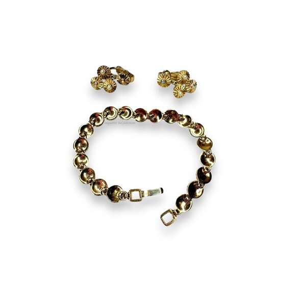 Crown Trifari Gold Tone AB Crystal Faux Pearl Bracelet Clip On Earring Set - Picture 3 of 16